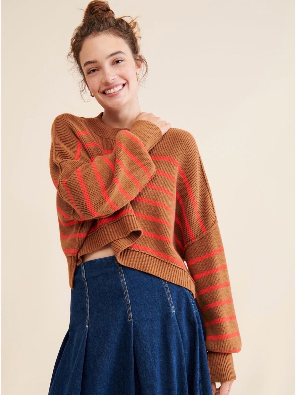 Free People Brown Sweater with Red Stripes